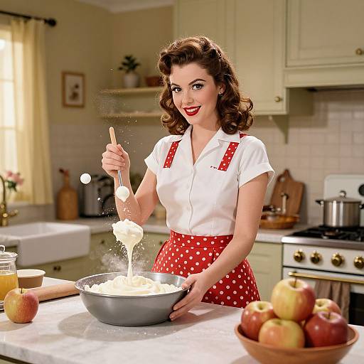 Vintage-style photograph of a smiling, red-polkadot apron-wearing woman mixing batter in a kitchen, with apples and a bowl on the
