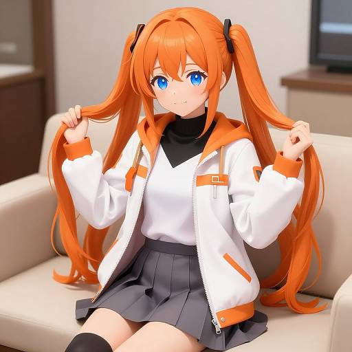 Anime-style digital artwork of a cute girl with long orange twin-tails, blue eyes, wearing a white jacket, black turtleneck, and grey