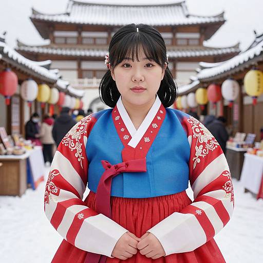 Photograph of a young Asian woman in traditional Korean hanbok with red, white, and blue patterns, standing in a bustling market with paper lantern