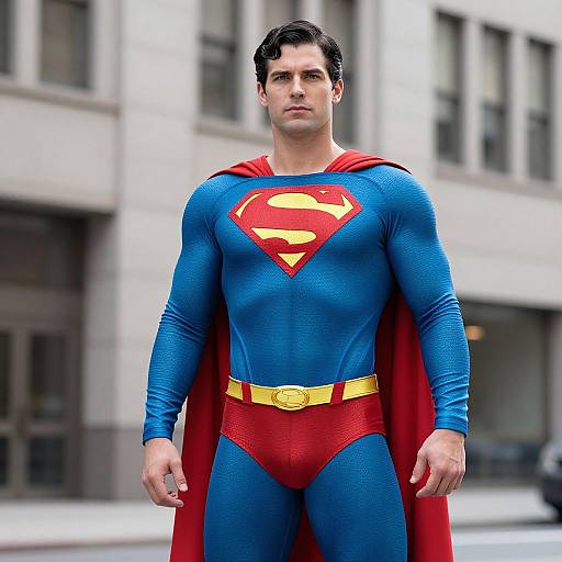 Photograph of a muscular, dark-haired man in a blue Superman suit with red cape, yellow belt, and red 