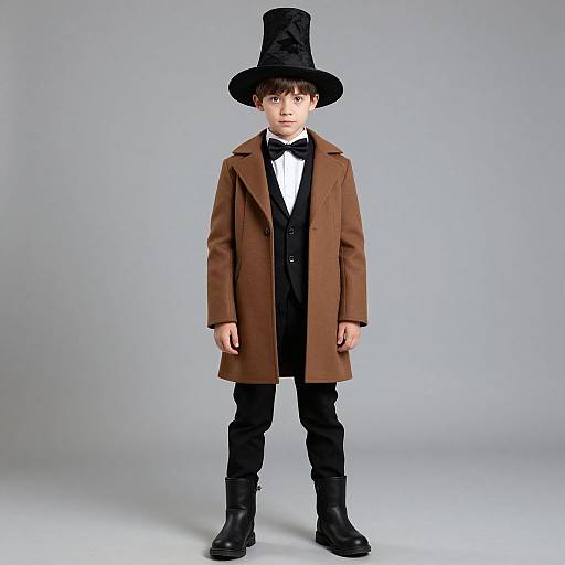 Photograph of a young boy in a Victorian-style outfit: brown coat, black bow tie, white shirt, black trousers, tall black top hat,