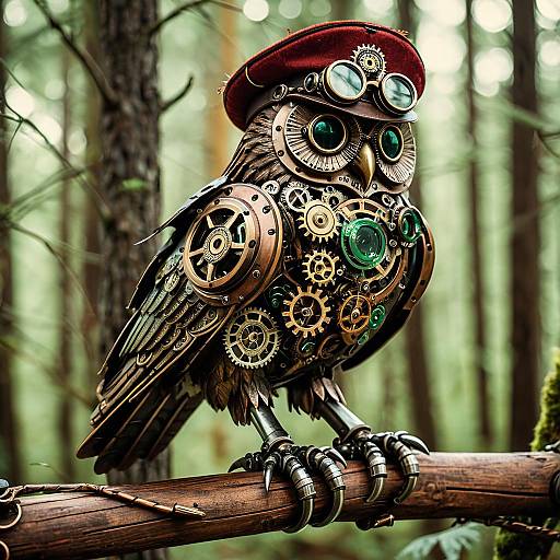 Intricate Steampunk Owl in a Forest