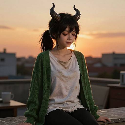 Photograph of a young woman with black horns, brown hair in a ponytail, wearing a green cardigan and stained white shirt, sitting on a