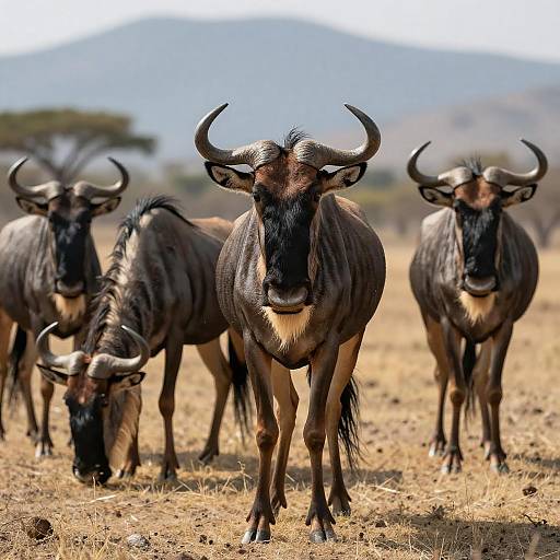 Wildebeests in Sunlit Grassy Field