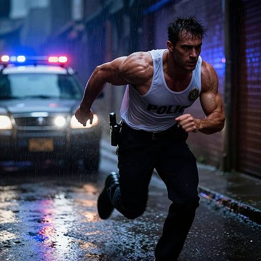 Muscular police officer in white tank top and black pants sprints in rain, blurred police car with flashing lights in background. Photograph.