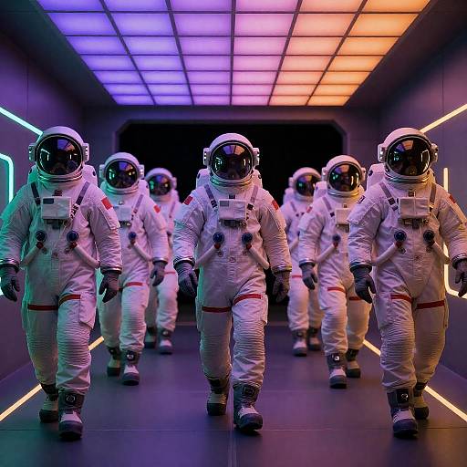 Astronauts in Neon-Lit Corridor