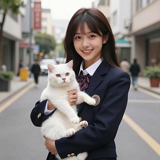 Schoolgirl Holding White Cat in Urban Street