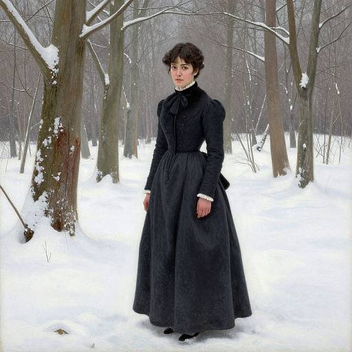 Photograph of a pale-skinned woman with dark curly hair, wearing a black Victorian-style dress, standing in a snowy forest.