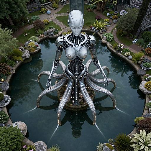 Photograph of a metallic, octopus-like robot with white face and black-and-silver body, standing in a circular garden pond surrounded by lush green
