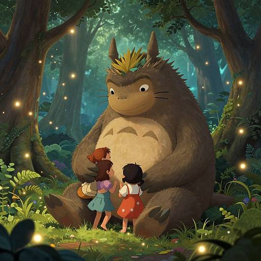 Digital illustration of a giant, furry Totoro with yellow tuft, sitting in a magical forest, surrounded by glowing fireflies, with two children