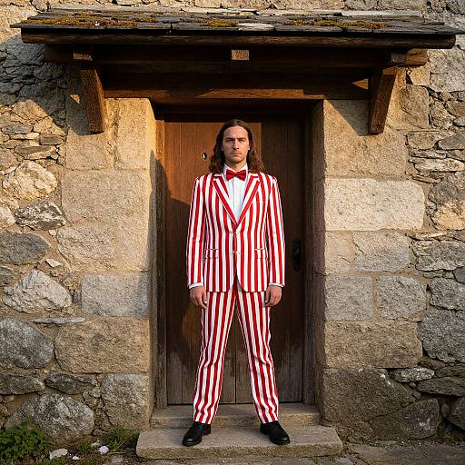 Photograph of a man with long brown hair in a red and white striped tuxedo, standing in front of a rustic stone building, wooden door