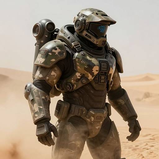 Photorealistic CGI of a futuristic soldier in camouflage armor with a helmet, carrying a backpack with a mounted device, standing in a sandy desert.