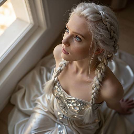 Photograph of a fair-skinned, blonde woman with braided hair, wearing a silver, sparkly dress, seated by a sunlit window.