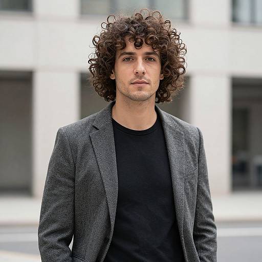 Confident Curly-Haired Man in Urban Setting