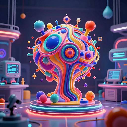 Vibrant, neon-colored, abstract tree sculpture with colorful spheres and tubes in a futuristic lab setting, illuminated by glowing lights. Digital art.