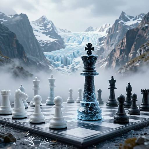 Photograph of a chessboard with white and black pieces, featuring a cracked, glowing blue king, set against a snowy mountainous landscape.