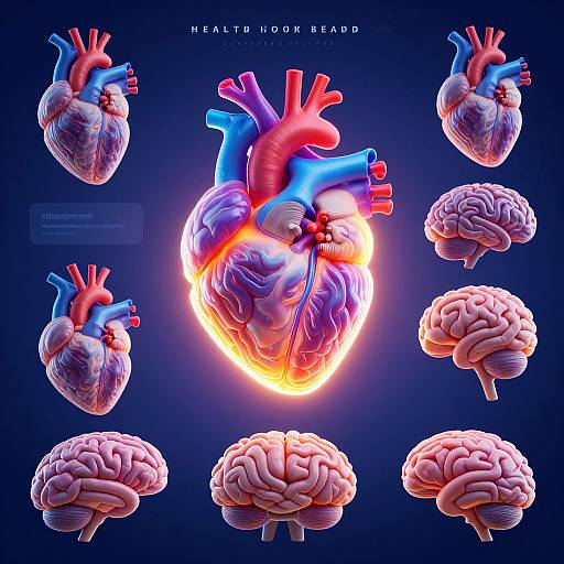 Digital artwork of a glowing, vibrant heart with blue and red arteries, surrounded by six detailed, pink brain models on a blue background. 