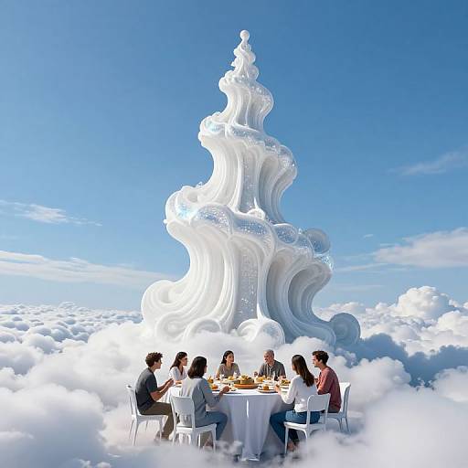 Digital art: Six people, diverse ethnicities, sit at a white table on fluffy clouds, dining beneath a surreal, white, cloud-like tower under