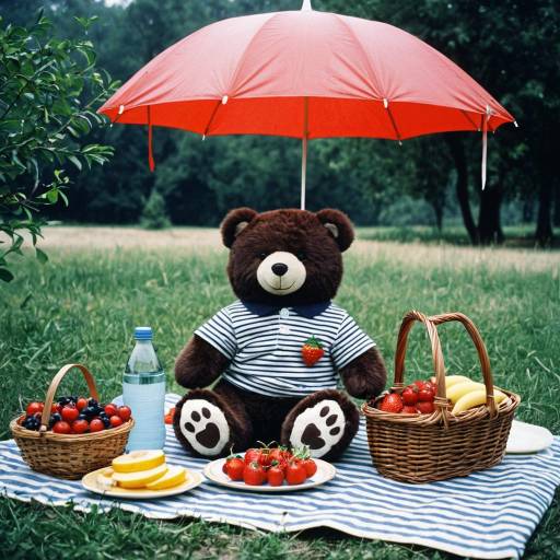 Teddy bear picnic with fruits and umbrella