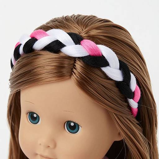 Photograph of a doll with blue eyes, brown hair, and a black, white, and pink braided headband, against a white background.