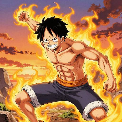 Digital anime-style drawing of a muscular, shirtless man with black spiky hair, glowing flames around him, wearing blue shorts with white trim, against