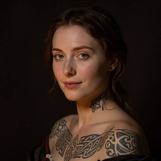 Photograph of a tattooed woman with blue eyes, fair skin, brown hair, and intricate chest and neck tattoos, set against a dark background.