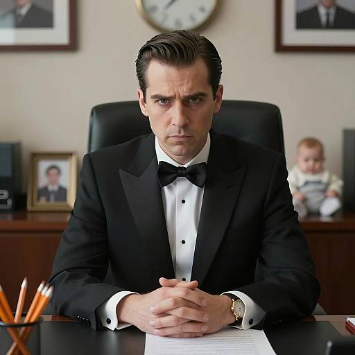 Serious man in tuxedo at office desk