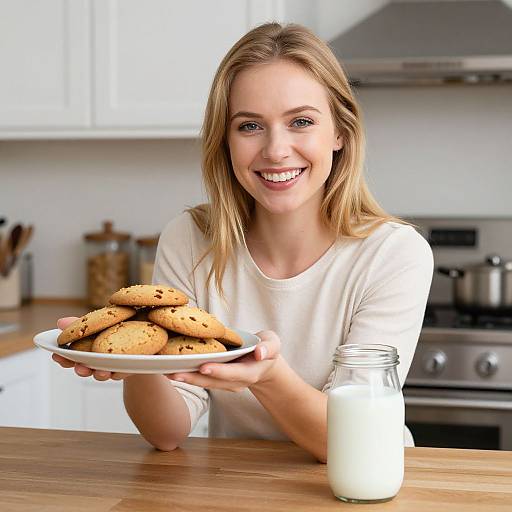 Photograph of a smiling blonde woman in a white shirt, holding a plate of chocolate chip cookies and a glass of milk, in a modern white kitchen
