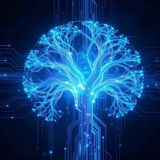 Digital artwork of a glowing blue, neon tree with intricate branches on a dark, circuit-patterned background, resembling a futuristic, cybernetic tree.