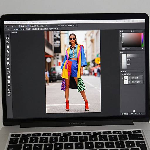 Photograph of a laptop screen displaying a colorful fashion model in a vibrant outfit with red boots, standing on a city street, viewed through a photo editing