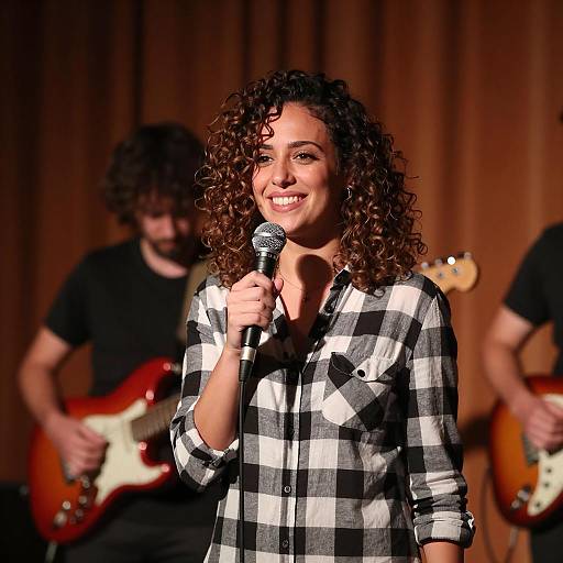 Smiling Woman on Stage with Guitarist