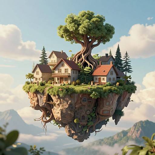 Whimsical digital artwork of a floating fairy-tale village with charming houses, a large tree, and lush greenery, set against a bright blue