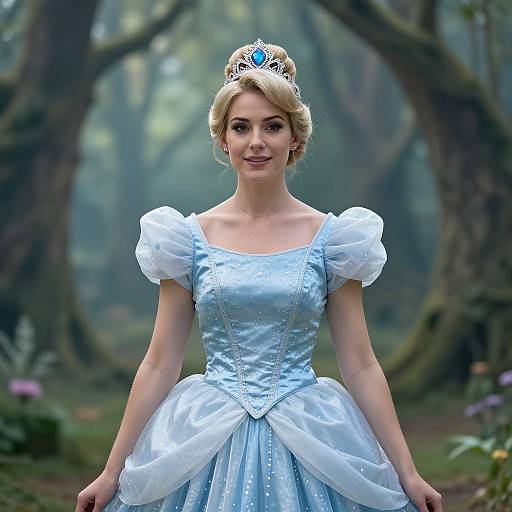 Photograph of a blonde woman with fair skin, wearing a blue, glittery, puffed-sleeve ball gown and a silver tiara,