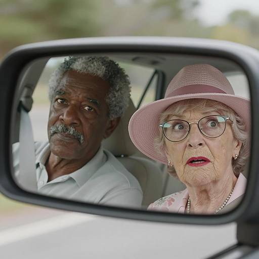 Elderly Couple's Reflection in Car Mirror