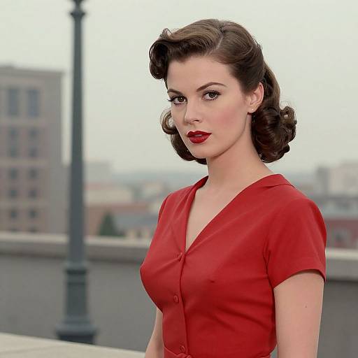 Photograph of a fair-skinned woman with vintage, dark curled hair, wearing a red button-up dress, standing outdoors with a blurred urban background.