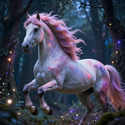Digital artwork of a majestic, white unicorn with pink mane and tail, galloping through a magical, dark forest with glowing fireflies.