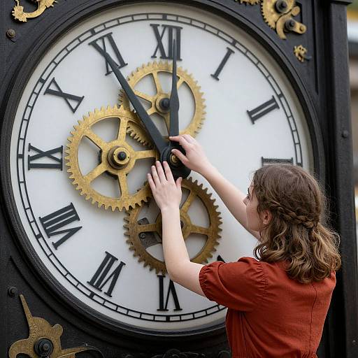Woman Adjusting Gears of Towering Clock