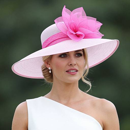 Photograph of a blonde woman in a white one-shoulder dress, wearing a large pink hat with a vibrant flower, against a green blurred background