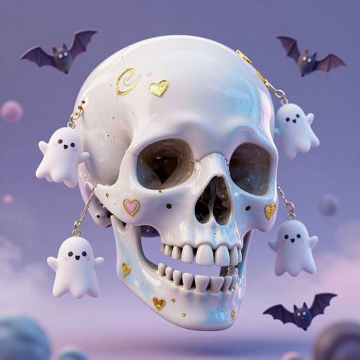 CGI image of a white, glossy skull adorned with gold hearts and ghost charms, surrounded by floating bats against a purple, cloudy sky.