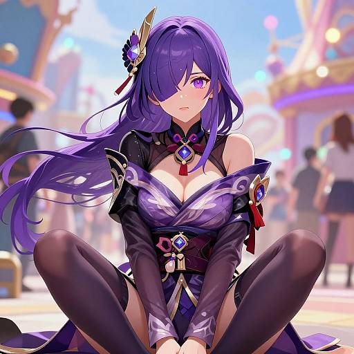 Digital anime artwork of a purple-haired, cleavage-exposing, armored woman with a serious expression, sitting cross-legged in a bright, bustling outdoor market