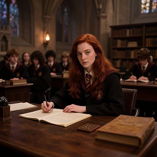 Photograph of a red-haired, fair-skinned young woman with green eyes, wearing a black school uniform, writing in a notebook in a dimly
