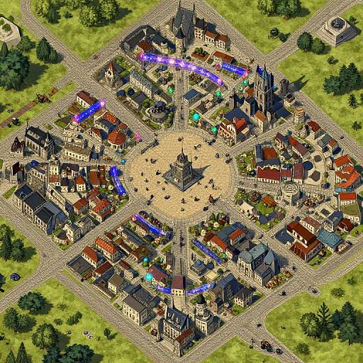 Aerial view of a vibrant, detailed digital town with colorful illuminated buildings, central square, church, and surrounding greenery.