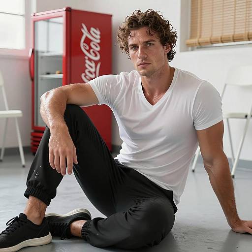 Sweaty Muscular Man Sitting Indoors