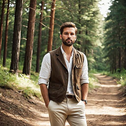 Handsome man in casual vest standing in forest