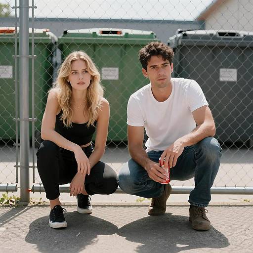 Crouching Couple Behind Chain Link Fence