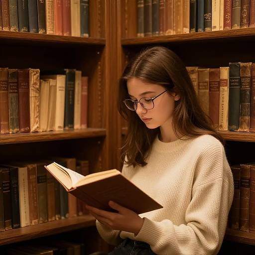 Young woman with glasses and white sweater reads book in warm, wooden library with shelves of colorful, old books. Photograph.