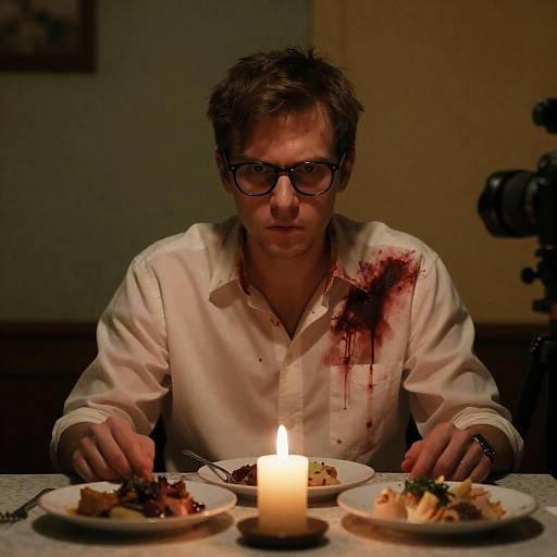 Man with Bloodstained Shirt Sitting at Candlelit Dinner Table