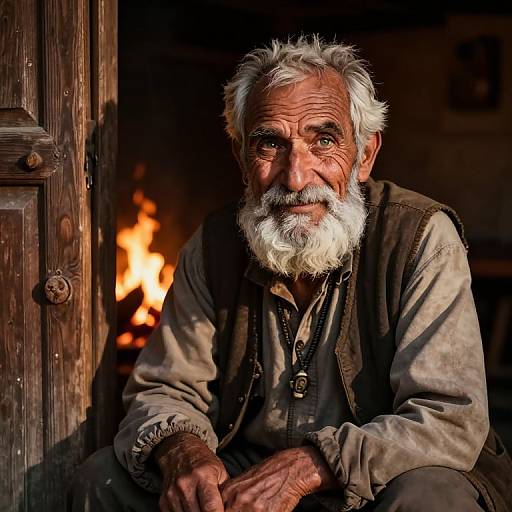 Photograph of an elderly man with white hair and beard, wearing a brown vest over a beige shirt, sitting by a glowing fire in a wooden hut