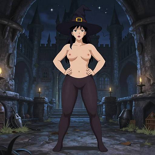 Digital anime-style drawing of a topless, muscular, fair-skinned witch with black pants, hat, and confident stance in a dark, gothic