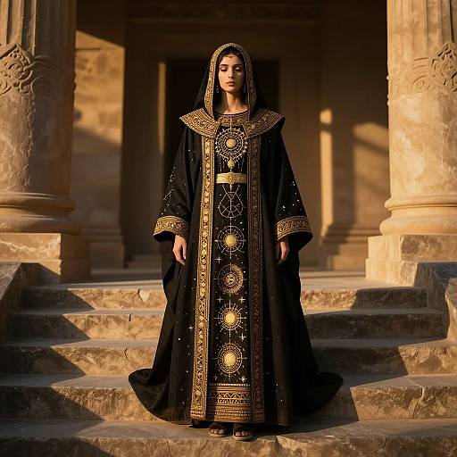 Photograph of a dark-skinned woman in an ornate black traditional robe with gold embroidery, standing on sunlit stone steps in front of ancient,